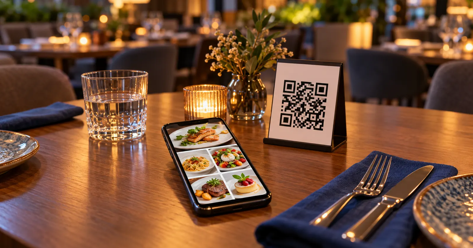 Stolik w restauracji z telefonem wyświetlającym cyfrowe menu obok stojaka z kodem QR